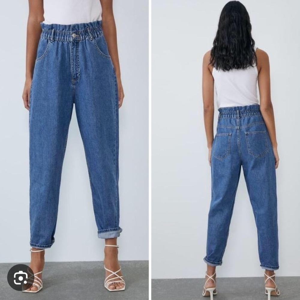 Zara Baggy Paper Bag Jeans High Waisted Elastic Waistband Blue 100% Cotton Sz S